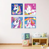 MXJSUA 4 Pack Cartoon Unicorn Paint by Numbers Kit with Framed Canvas for Kids, Rainbow Unicorn by Number Painting Kits for Ages 6-12 Kids, Acrylic Oil Paint by Number Kits for Beginners 8x8 Inch MXJSUA