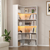 4 EVER WINNER Corner Book Shelf with LED Lights, 71” Corner Bookshelf for Living Room, Study Room, Wooden Storage Display Industrial l Shaped Bookshelf, White 4 EVER WINNER