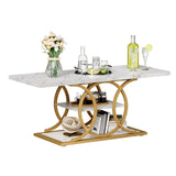 GiftGo Rustic Coffee Table with Storage Modern 3 Tier Center Living Room Table Faux Marble Wooden Rectangle Cocktail Tea Table for Office Bedroom Elegant Full Moon Design (White Gold, L-47) GiftGo
