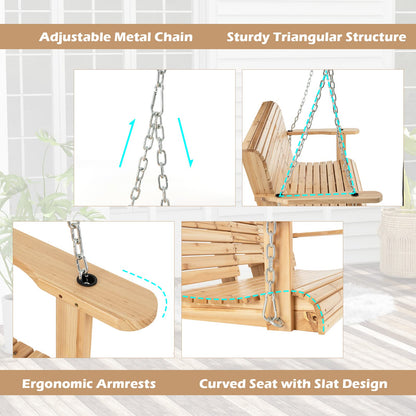 Giantex Outdoor Hanging Porch Swing - 2-Seat Wood Swing Bench with Folding Cup Holder and Sturdy Metal Hanging Chains, Outside Patio Swing Chair for Garden, Backyard, Poolside, Natural - WoodArtSupply