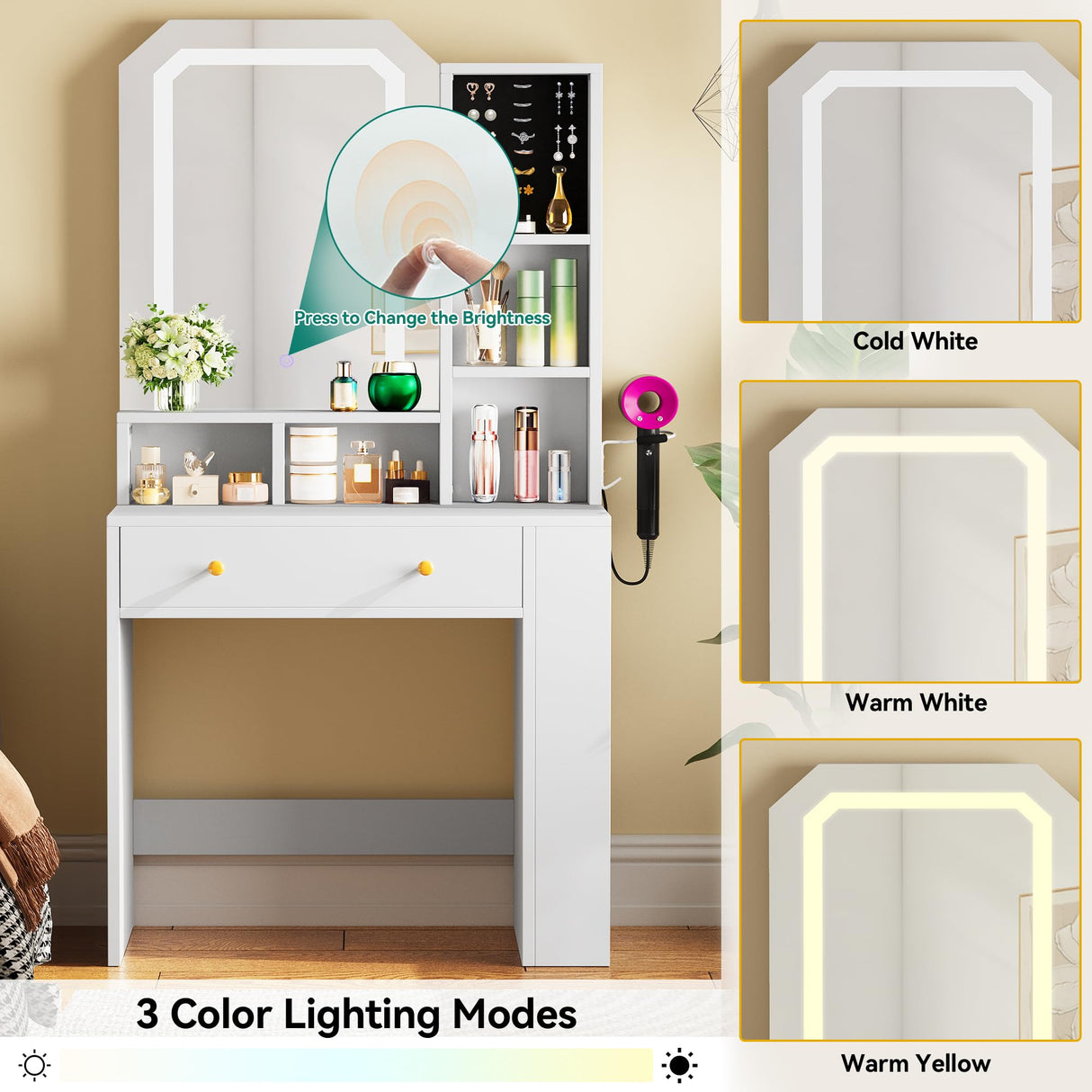 YITAHOME Makeup Vanity Desk with LED Mirror, Jewelry Storage, Hair Dryer Holder, and Open Shelves, Compact Vanity Desk for Small Rooms YITAHOME