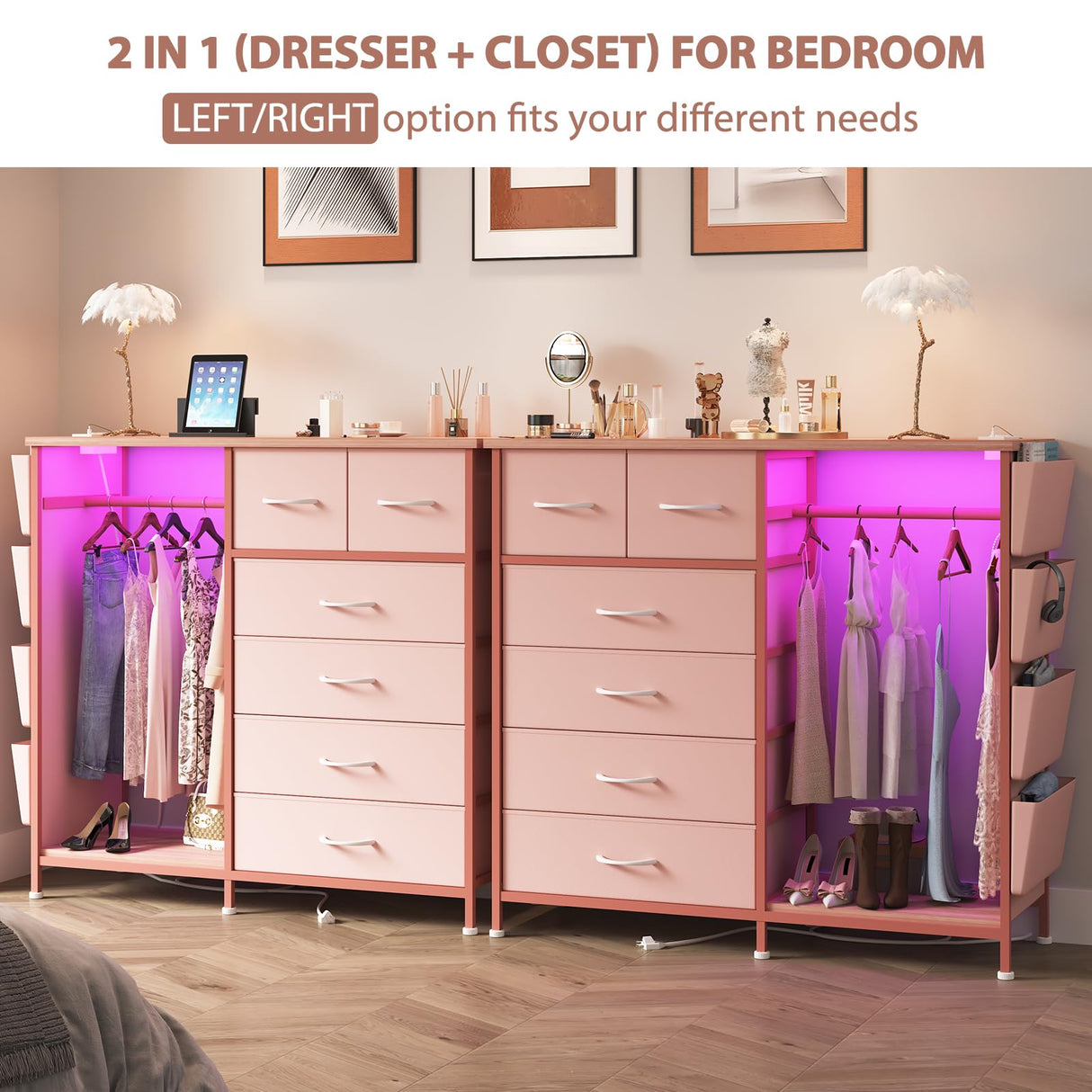 WODRAWER 6 Drawer Dresser for Bedroom with Clothes Rack, Clothes Dresser with Side Pockets and Hooks, Charging Station & LED Lights, Wooden Top, Fabric Storage (Pink) WODRAWER