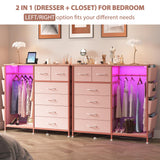 WODRAWER 6 Drawer Dresser for Bedroom with Clothes Rack, Clothes Dresser with Side Pockets and Hooks, Charging Station & LED Lights, Wooden Top, Fabric Storage (Pink) WODRAWER