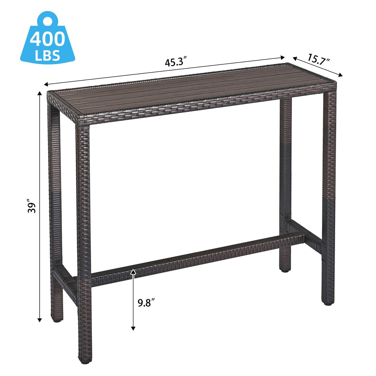 Outdoor Bar Table Patio Counter Height Table 45" Long Wicker High Top Pub Table Tall Console Table Rectangle Narrow with Adjustable Feet for Hot Tub Balcony Garden Outside Pool Deck Backyard Brown Patio Novagarden