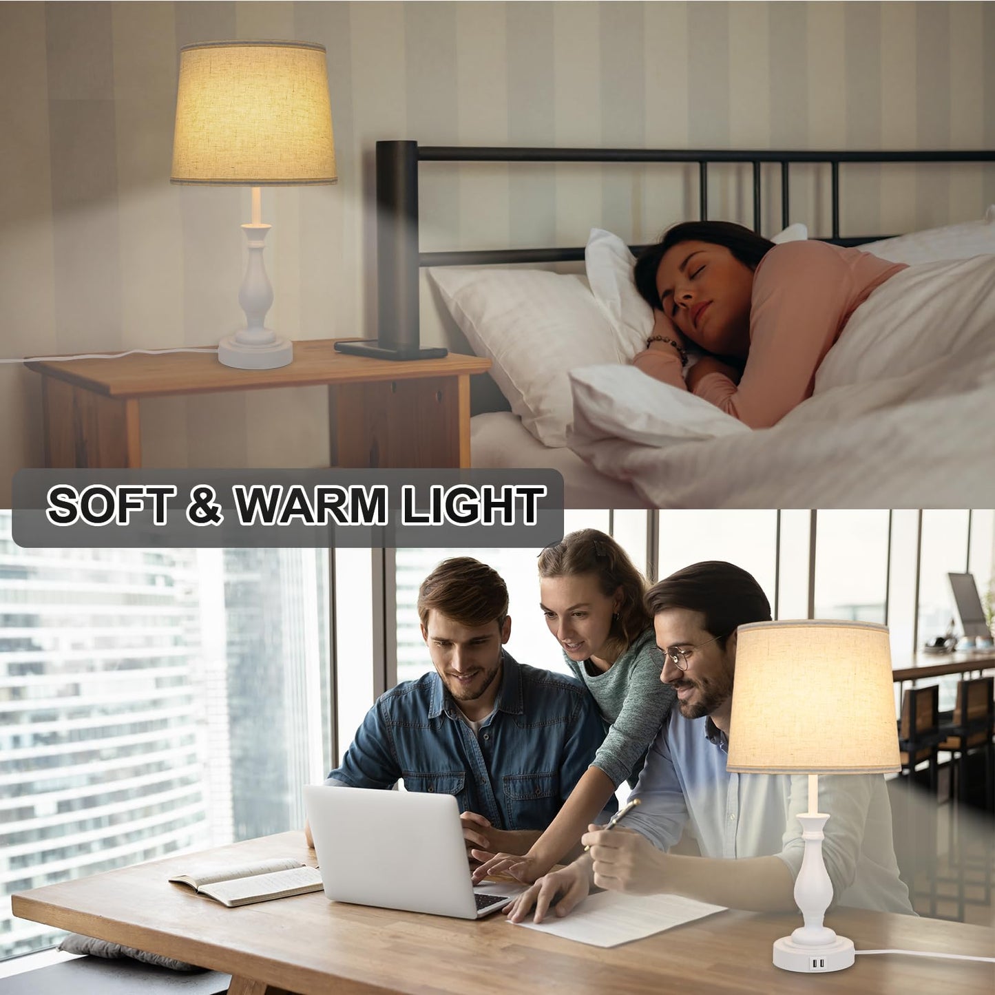 Farmhouse Table Lamp Touch Control 3-Way Dimmable Table Lamp, Modern Nightstand Lamp with 2 USB Port Bedside Desk Lamp with Fabric Shade for Living Room Bedroom Hotel (Pack-01 White) - WoodArtSupply