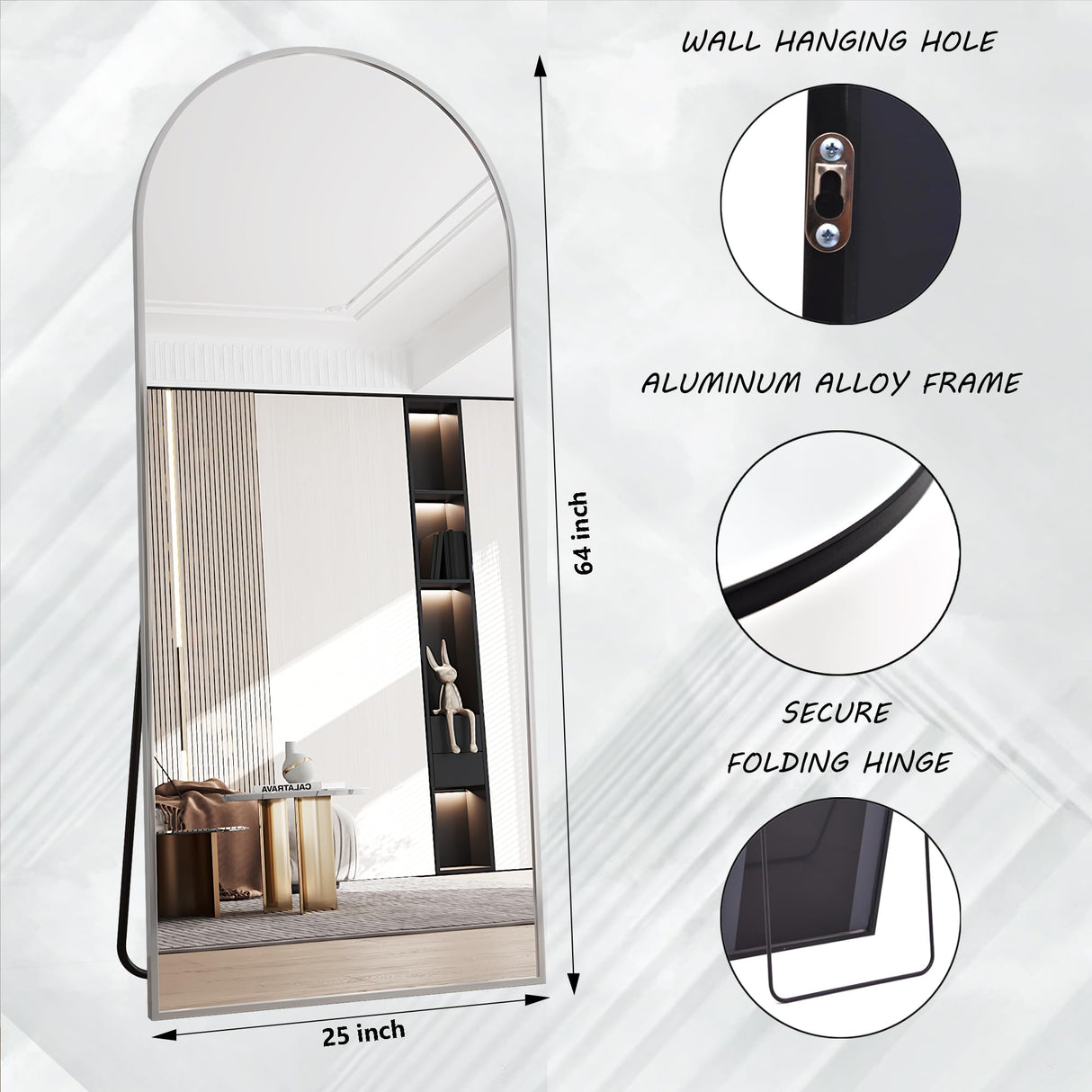 AUYHM Arched Full Length Mirror,65"x24"Floor Mirror,espejos Grandes para sala Elegantes,Silver Mirror Full Length,Body Mirrors for Bedroom(Silver) AUYHM