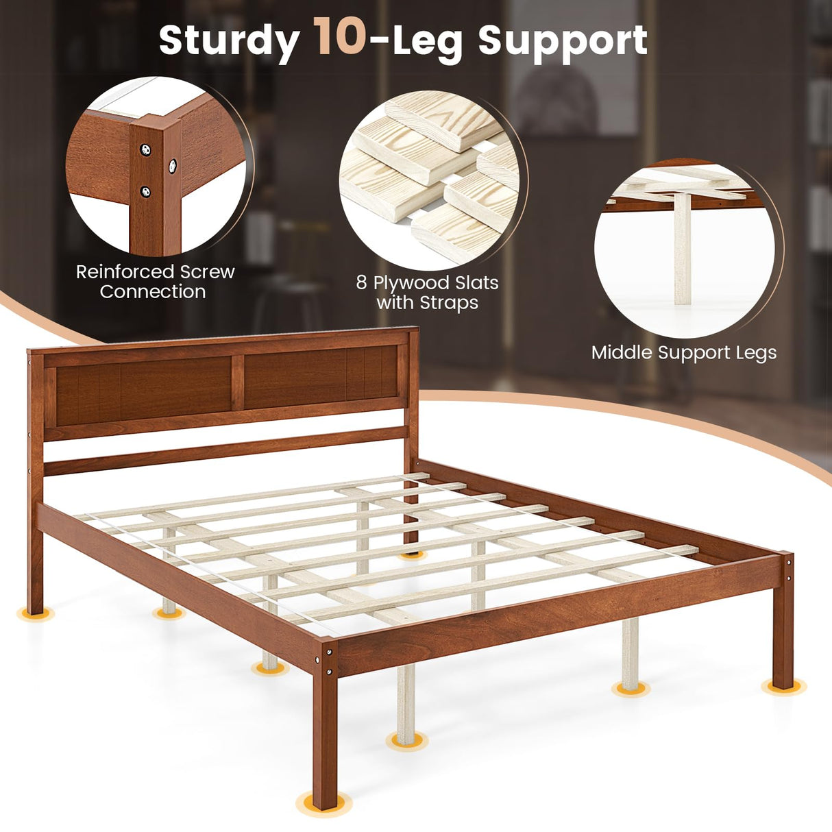 KOMFOTT Queen Size Wood Platform Bed Frame with Headboard, Solid Wood Bed Frame with Slat Support, 10-Leg Support, Under Bed Storage, 16” Mattress Foundation Bedroom Furniture, No Box Spring Needed KOMFOTT
