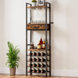 Vilaxing Wine Rack Freestanding Floor, Liquor Bar Cabinet with Storage Drawer, 4-Tier Bottle and 3-Row Glass Holder with Tabletop for Home Kitchen Living Room Vilaxing
