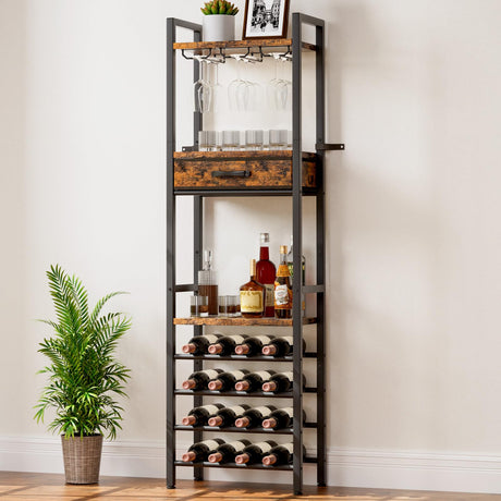 Vilaxing Wine Rack Freestanding Floor, Liquor Bar Cabinet with Storage Drawer, 4-Tier Bottle and 3-Row Glass Holder with Tabletop for Home Kitchen Living Room Vilaxing