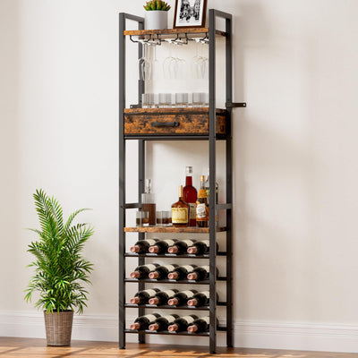 Vilaxing Wine Rack Freestanding Floor, Liquor Bar Cabinet with Storage Drawer, 4-Tier Bottle and 3-Row Glass Holder with Tabletop for Home Kitchen Living Room