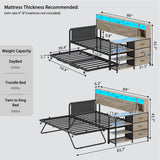 VIAGDO Daybed Twin with Pop Up Trundle, Farmhouse Wooden Day Bed Frame with 3 Storage Drawers and Shelves, Twin to King Daybed with Charging Station and LED Lights for Bedroom, Guest Room, Grey VIAGDO