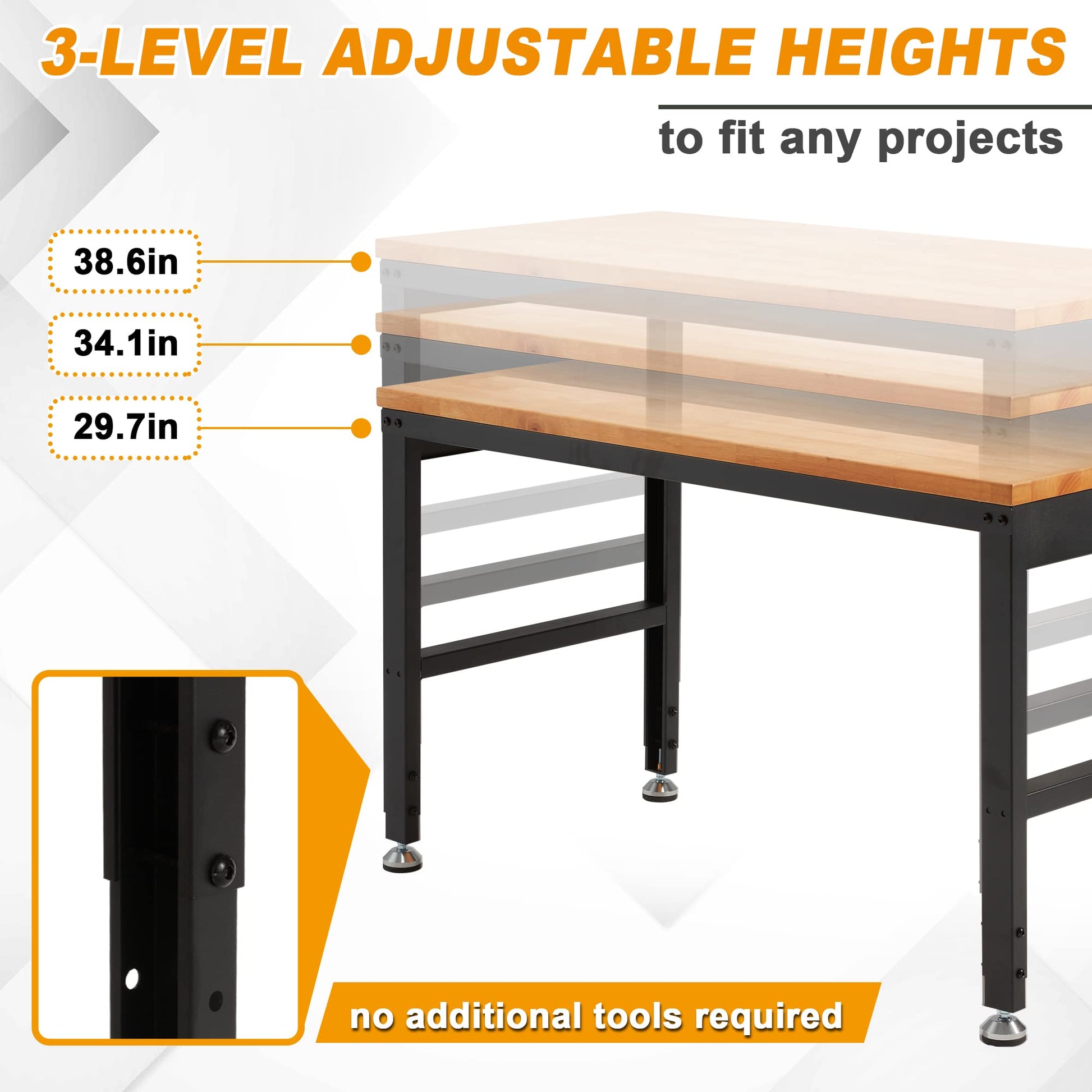 AHB 60" Workbench Adjustable Height, Oak Wood Work Table with Power Outlets, Max 2000 LBS, Heavy Duty Work Bench for Garage Party Shop Office - WoodArtSupply