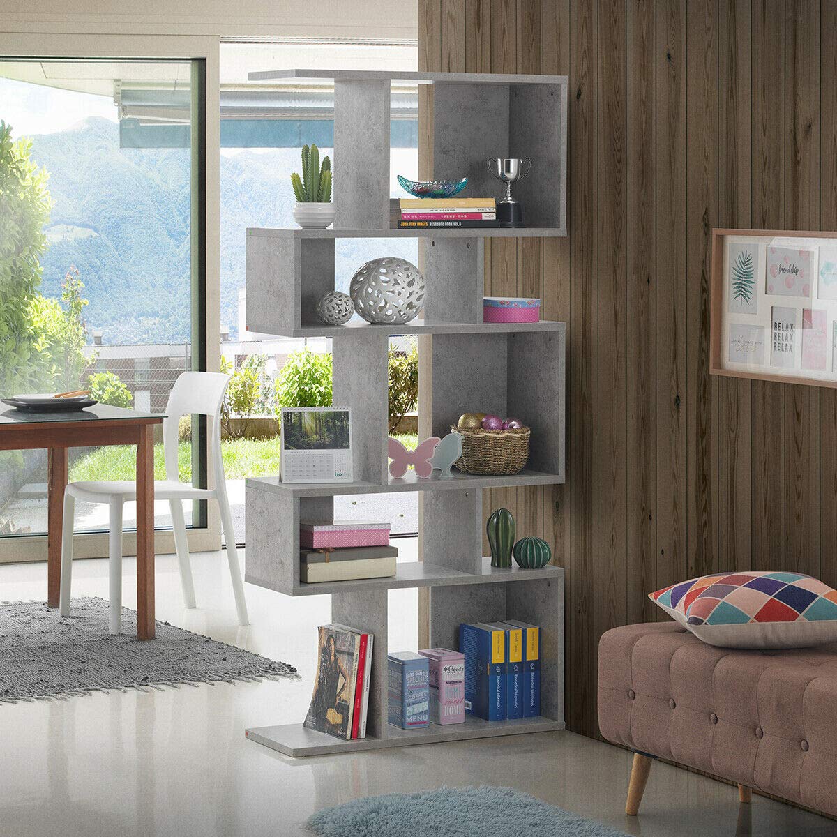 Giantex 5-Tier Modern Geometric Bookshelf – 70" Tall Freestanding S-Shaped Bookcase in Gray Giantex