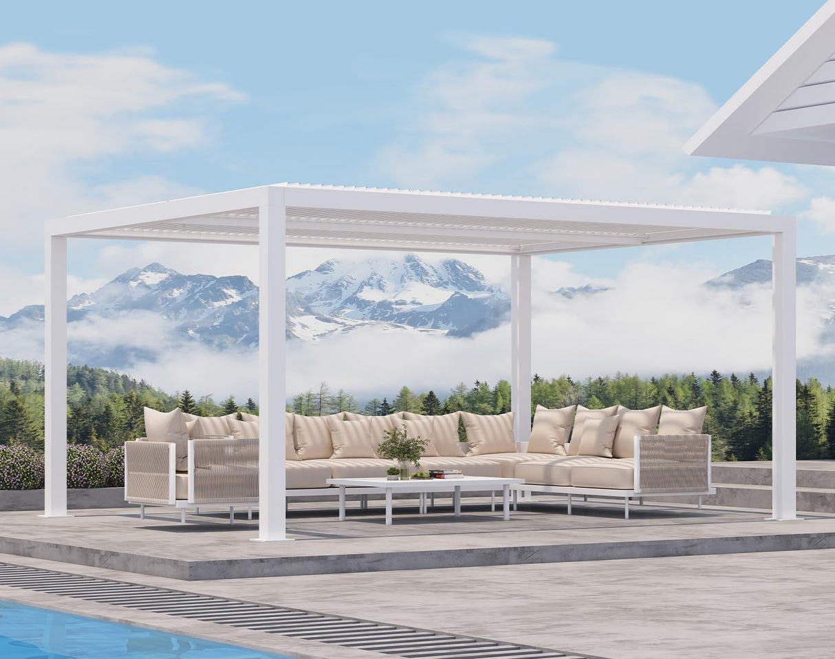 PURPLE LEAF Outdoor Louvered Pergola 12' x 14' White Aluminum Pergola Modern Shade Gazebo with 2 Independently Adjustable Rainproof Hardtop for Patio Garden Yard PURPLE LEAF