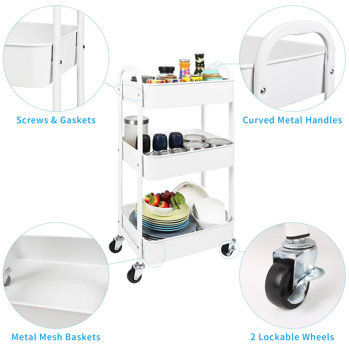 MAX Houser 3-Tier Rolling Utility Cart with Caster Wheels,Easy Assembly, for Kitchen, Bathroom (White) MAX Houser