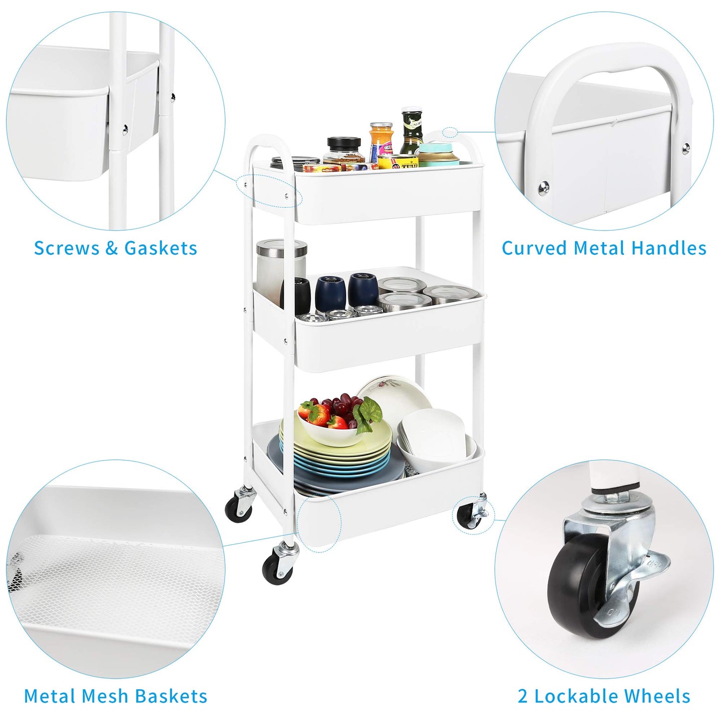 MAX Houser 3-Tier Rolling Utility Cart with Caster Wheels,Easy Assembly, for Kitchen, Bathroom (White)