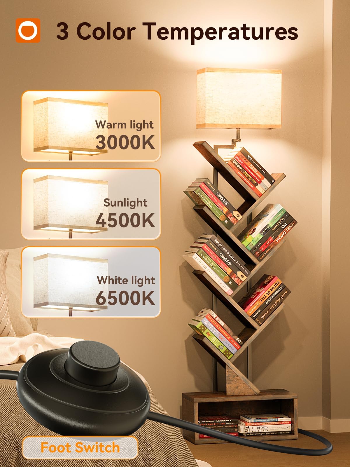 addlon 6-Tier Tree Book Shelf with LED Light, Steel&Wood Bookshelf with Storage Cabinet, Narrow Tall Bookcase with 3CCT Bulb, Small Bookshelf for Bedroom, Home Office&Living Room-Rustic Brown addlon