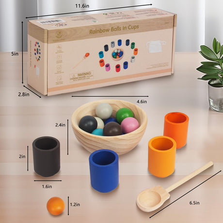 WOODENFUN Rainbow Balls in Cups Toddler Montessori Toys for 3 Year Old Up, Kids Preschool Wooden Matching Games for Learning Color Sorting and Counting WOODENFUN