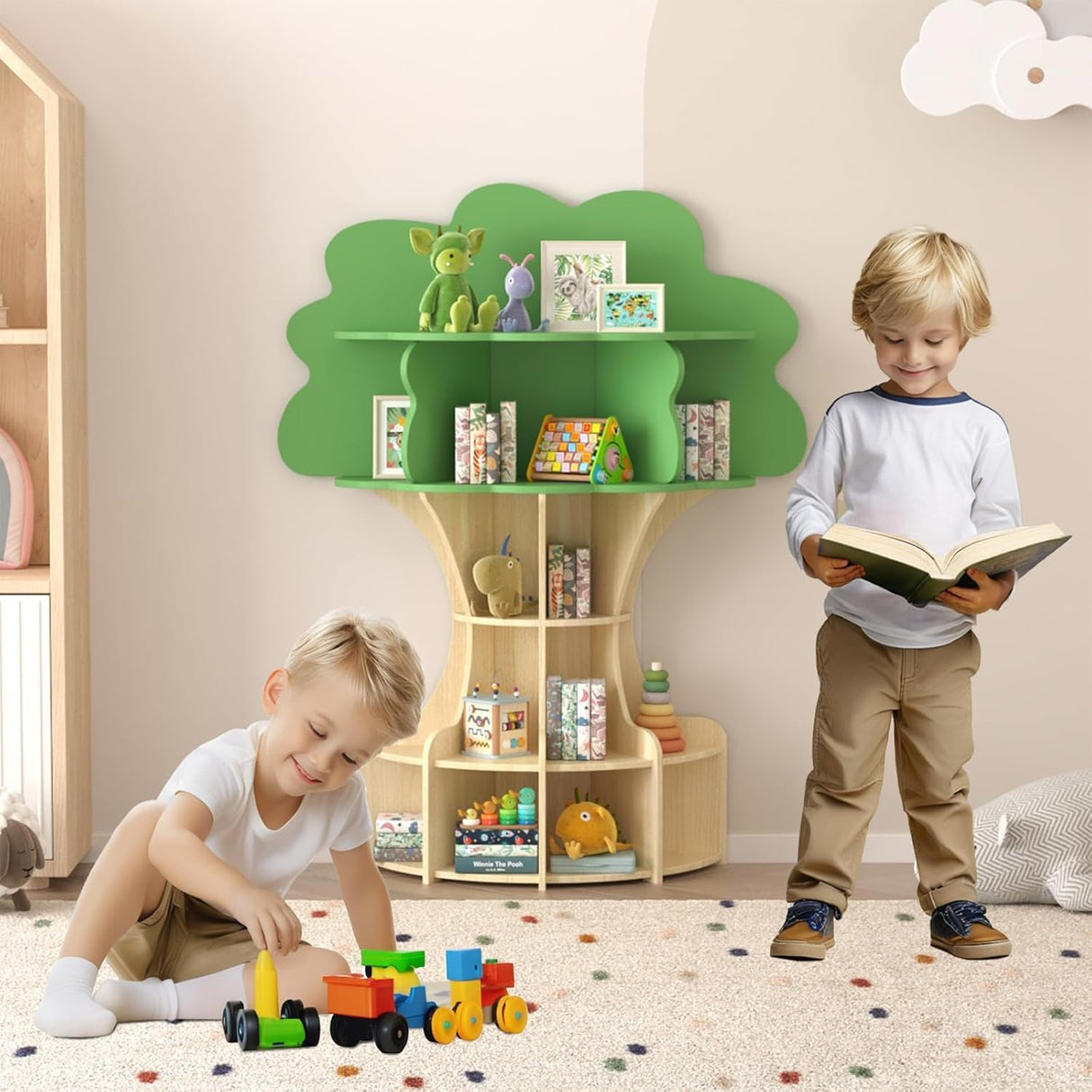 RUPOLX 5-Tier Tree Kids Bookshelf, Toddler Montessori Shelf Book Rack, Toy and Book Storage for Kids, Wooden Children's Bookcase, Toy Storage Organizer for Preschool, Kid Room, Playroom, Nursery-001 RUPOLX