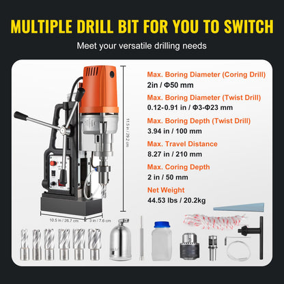 VEVOR 1680W Magnetic Drill Press with 2 Inch Boring Diameter Annular Cutter Machine 2900 LBS 6pcs HSS Annular Cutter Bits,500 RPM Drilling Machine for any Surface Home Improvement Industry Ra - WoodArtSupply