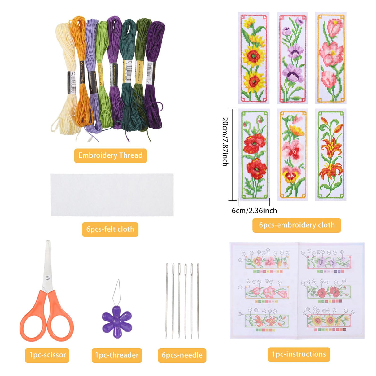 ORIGACH 6 Set Flowers Cross Stitch Bookmark Kit for Beginner with Backing Felt Floss Instructions DIY Stamped Embroidery Bookmark Kit for Adults, Book Lovers ORIGACH