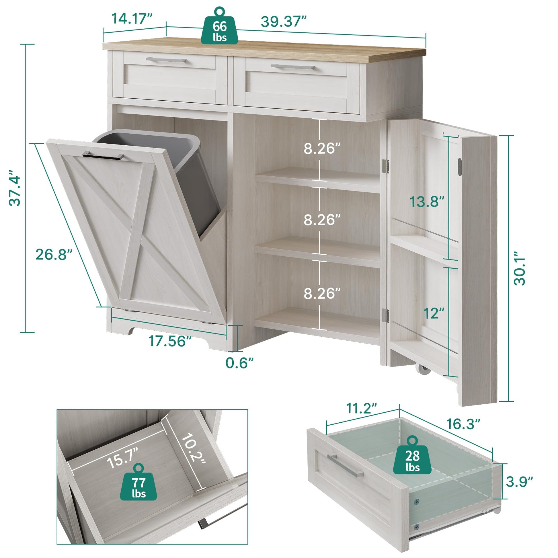 DWVO 10 Gallon Tilt Out Trash Bin Cabinet with 2 Drawers Adjustable Shelves, Kitchen Pantry Storage Cabinet with Garbage Bin Tilt Out Laundry Hamper for Kitchen, 39.4” W x 14” D x 37.4” H Off - WoodArtSupply