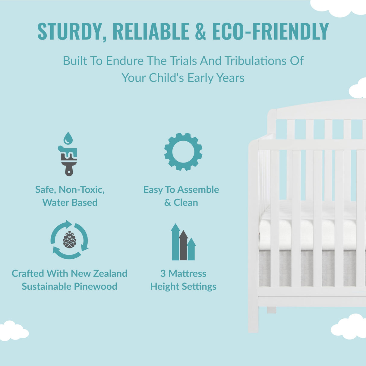 Dream On Me JPMA & Greenguard Gold Certified Odelle 5 in 1 Convertible Crib in White, Built of Sustainable Pinewood, 3 Mattress Height Settings, Non-Toxic Water-Based Paint Finish Dream On Me