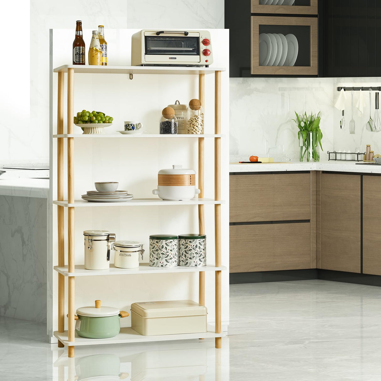 IBUYKE Modern 5-Tier Freestanding Wooden Bookcase - Stylish Multi-Purpose Organiser in White IBUYKE