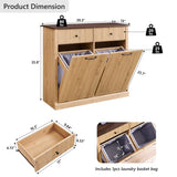 IFGET Modern Double Tilt-Out Trash Cabinet, 20 Gallon Fluted Laundry Hamper Cabinet with 2 Drawers, Wooden Hidden Garbage Can Cabinet with Storage Basket for Kitchen & Living Room, Natural Oak IFGET