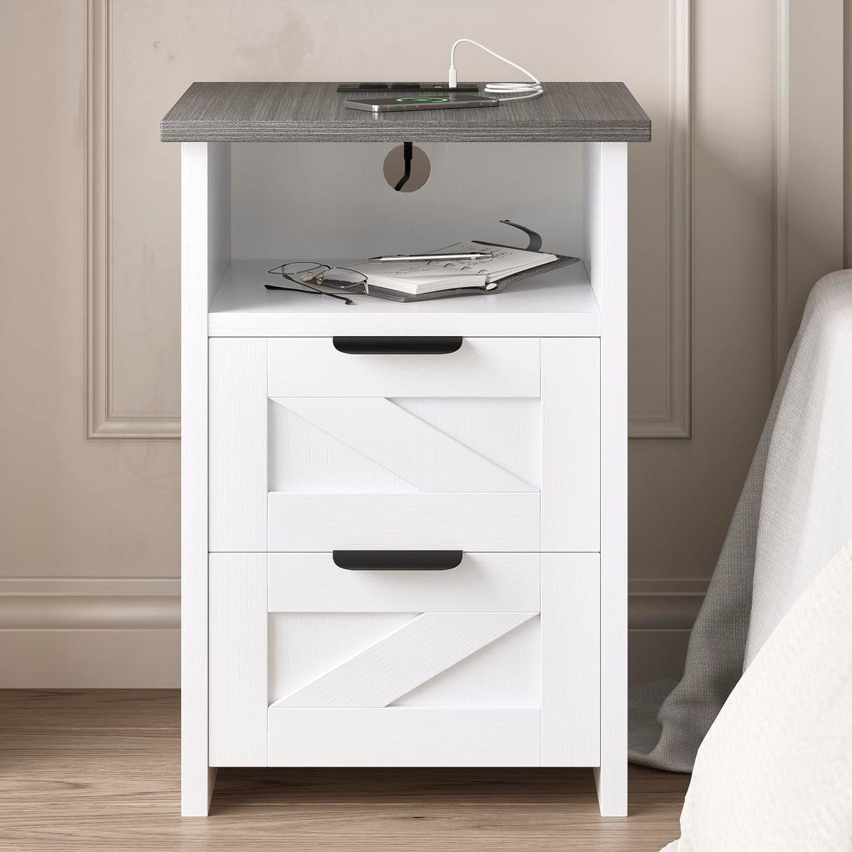 AURINEST Farmhouse Night Stand Set of 2 with Charger Station, Bed Side Table with 2 Drawers and Storage Shelf, Rustic End Table for Bedroom, Living Room, Small Spaces, White AURINEST