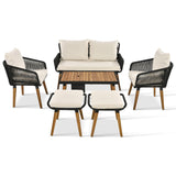 LZ LEISURE ZONE 6-Piece Beige Patio Conversation Set with Acacia Wood Cool Bar Table and Rope Weaving Chairs LZ LEISURE ZONE
