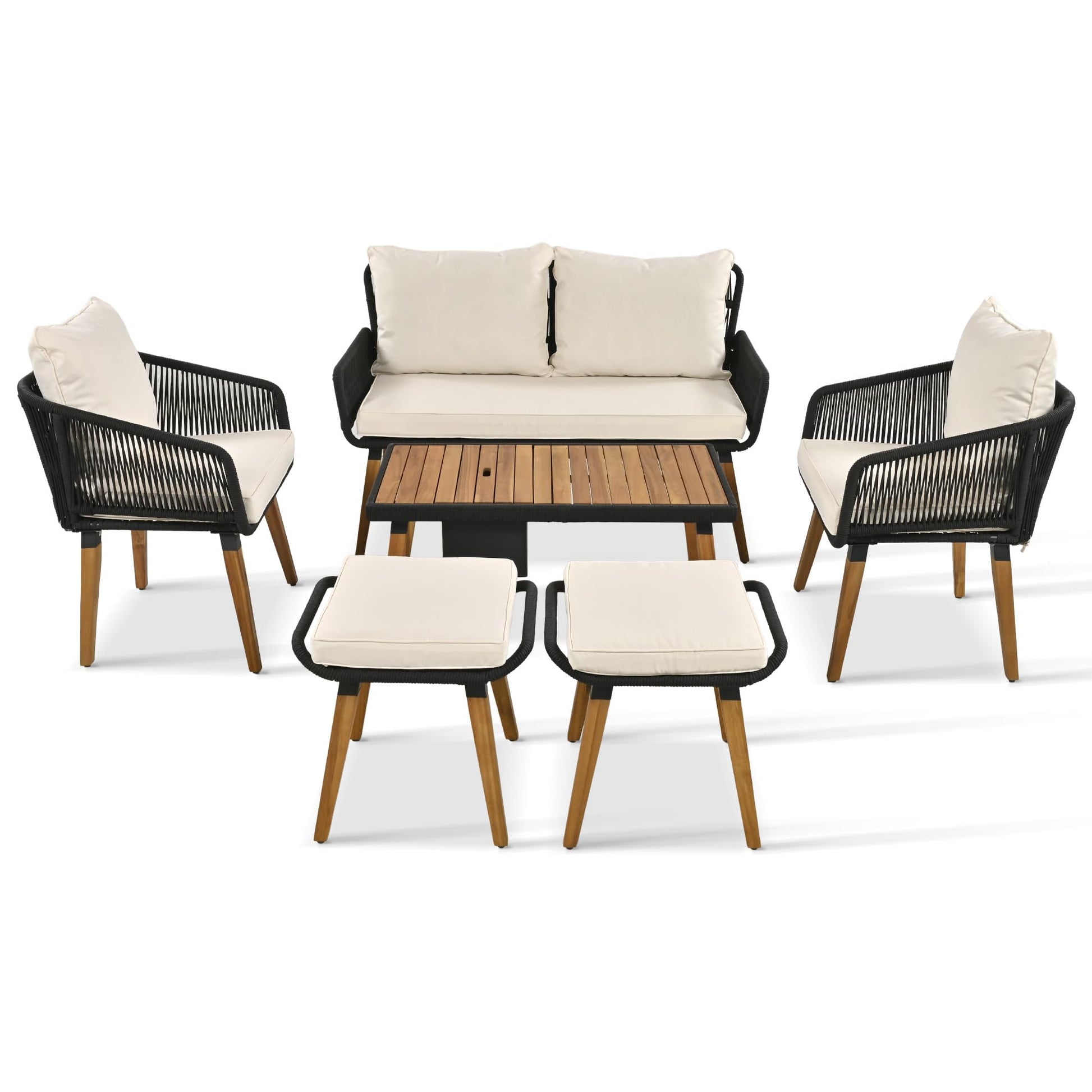 LZ LEISURE ZONE 6-Piece Beige Patio Conversation Set with Acacia Wood Cool Bar Table and Rope Weaving Chairs - WoodArtSupply