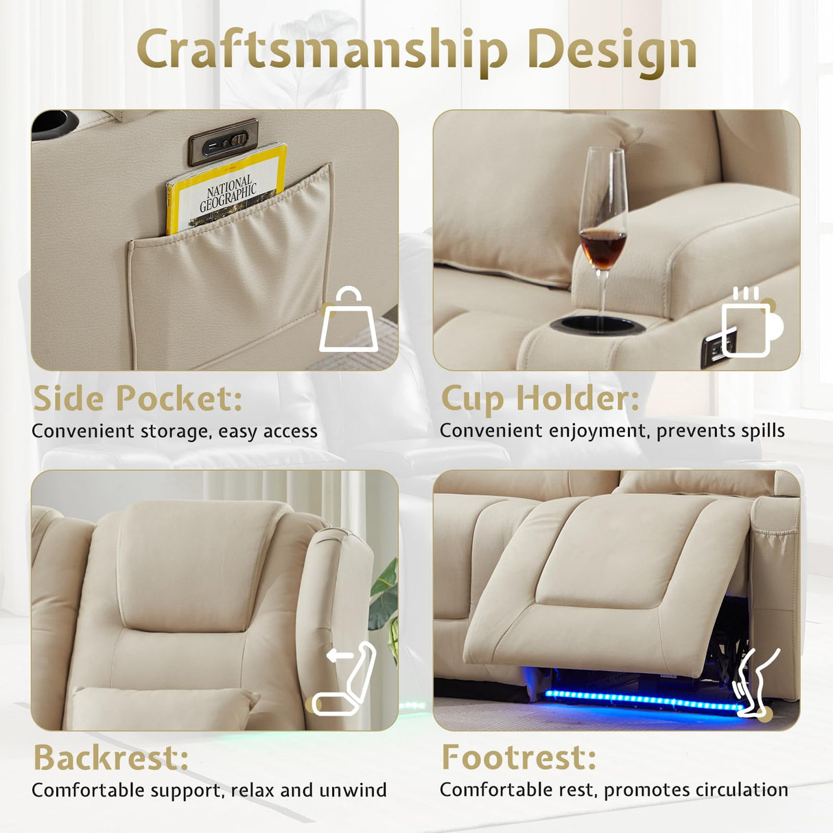 SAMERY Power Loveseat Recliner Sofa with Adjustable Split Back, Multi-Port Charger, Flip-Up Backrest & LED Lighting - Home Theater Seating with Storage, Cup Holders, Beige Fabric Loveseat Recliner SAMERY