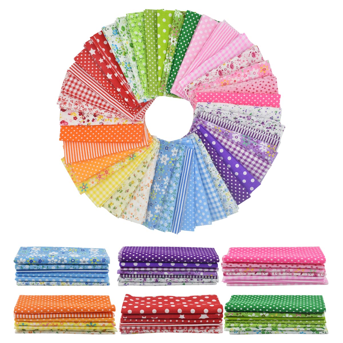 9.8X 9.8 42Pcs Cotton Print Fabric Bundle Squares Pre-Cut Multicolor Design Printed Quilting Sewing Floral for Quilting Patchwork DIY Craft Scrapbooking Cloth (Red/Yellow/Green/Blue/Pink/Purple) BDS-HOME