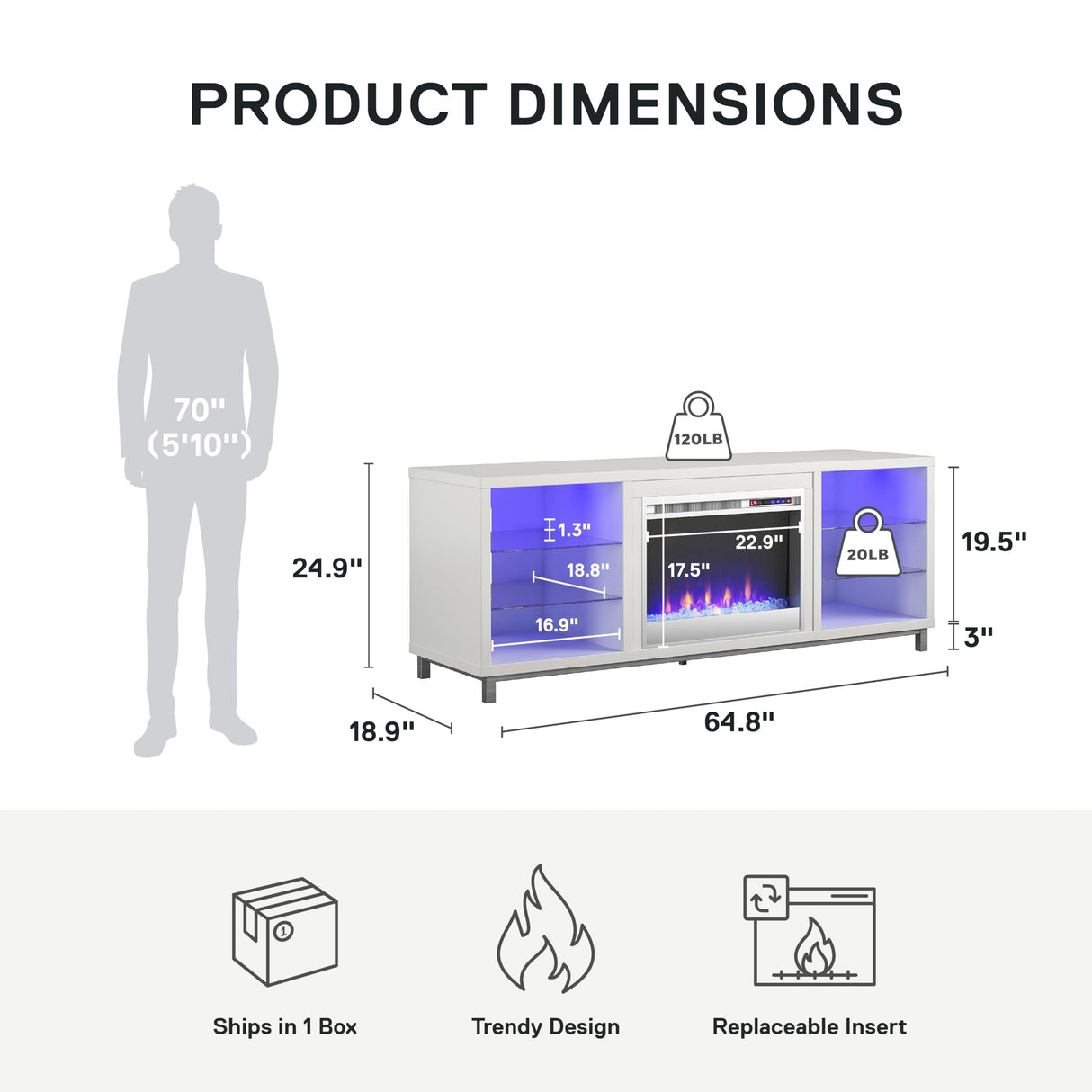 Ameriwood Home Lumina Fireplace TV Stand for TVs up to 70 Inch, Replaceable Electric Fireplace Insert Heater, Remote Control, Timer, Color Changing LED Lights, Crystal Ember Flames, White Ameriwood Home