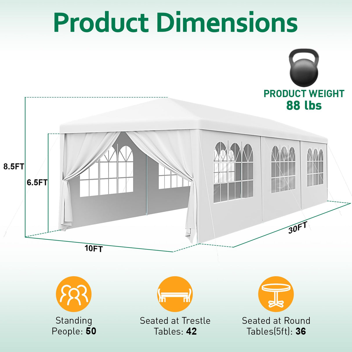 10x30 Party Tent, 2025 Update Outdoor White Tents for Parties, Wedding, Event, Large Canopy Tent with Walls, Big Event Gazebo Tents for Backyard, Garden, 8 Sidewalls ATOVER