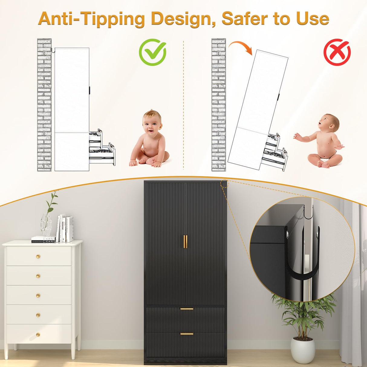 PPorfamilia 70" Wardrobe Closet with 2 Doors and 2 Drawers, Clothing Storage Cabinets with Hanging Rod, Modern Wooden Armoire Wardrobe Closet with Gold Handles for Bedroom Armoires Laundry PPorfamilia