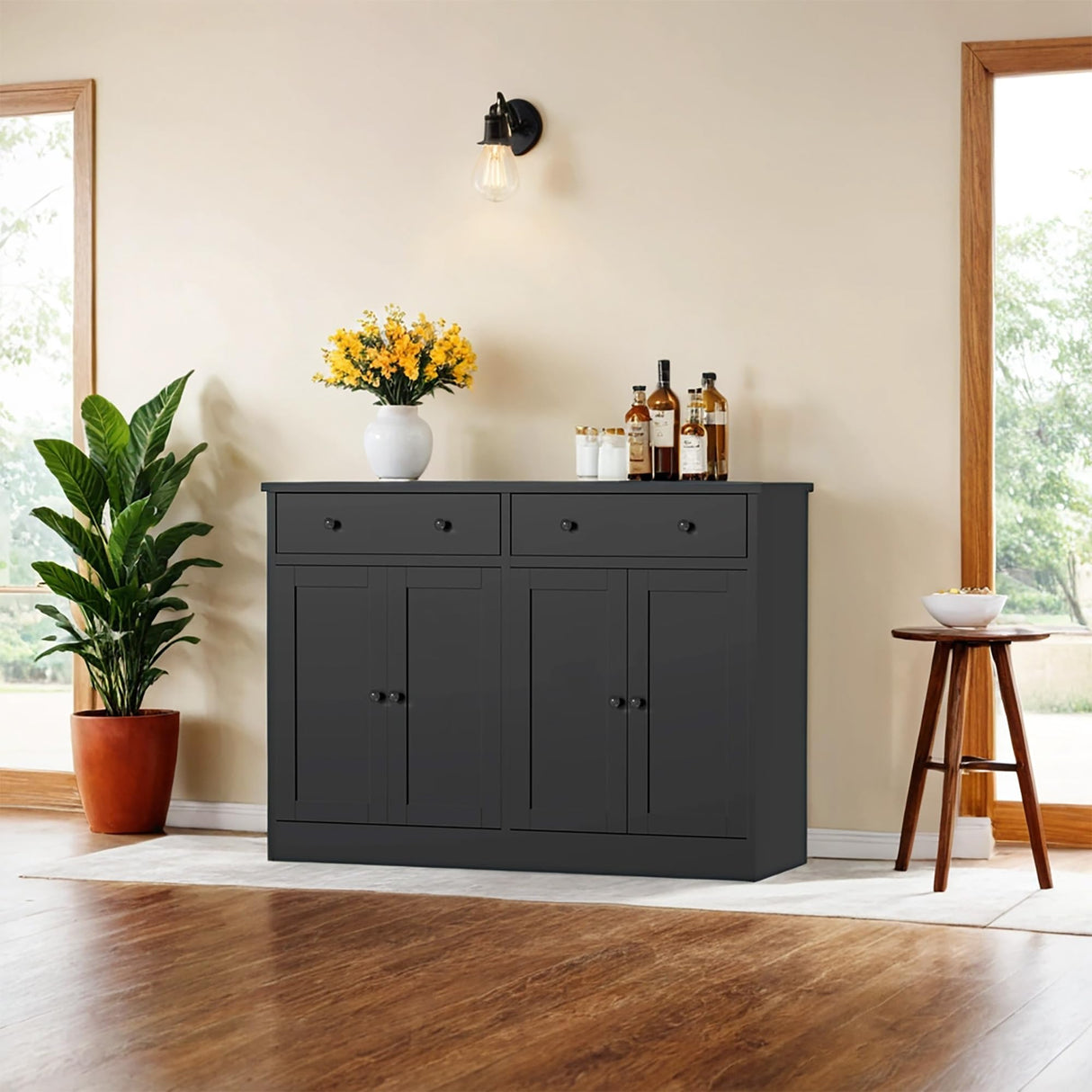 holzart Black Buffet Storage Cabinet with doors and drawers, 49" W Coffee Bar Cabinet, Kitchen Buffet Sideboard for Living Room, Kitchen holzart