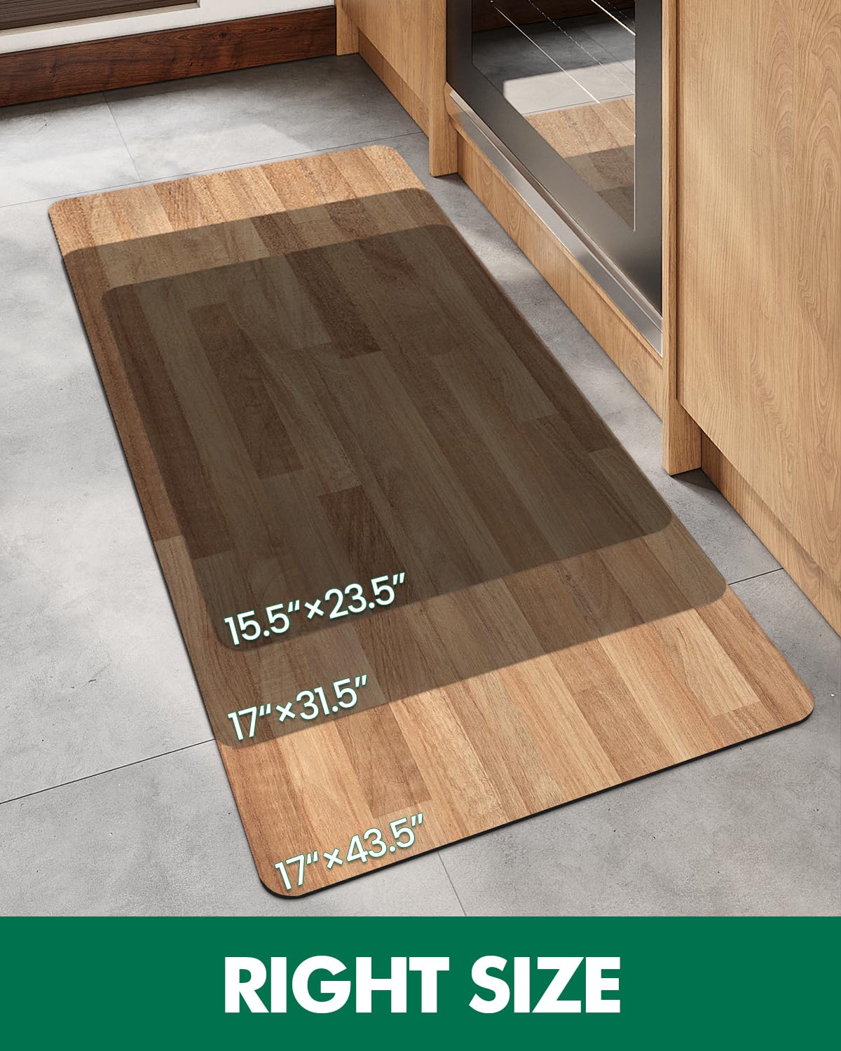 LUMI Wood Grain Kitchen Mat - Teak-Like, Non-Slip, Quick-Dry, Washable, Waterproof, Low-Profile Standing Rug for Kitchen, Home, and Office, 23.5"x15.5" LUMI