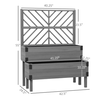 Outsunny Raised Garden Bed with Trellis, 2 Tier Wooden Elevated Planter Box with Legs and Metal Corners for Vegetables, Flowers, Herbs, Gray