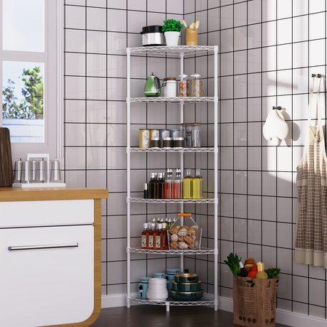 6-Tier NSF Metal Corner Shelf Wire Shelving Unit - 420lbs Capacity, Adjustable, with leveling feet & Shelf Liners - Ideal for Garage, Kitchen, and More - 18" L x 18" D x 72" H - Fan-Shape - White pouseayar