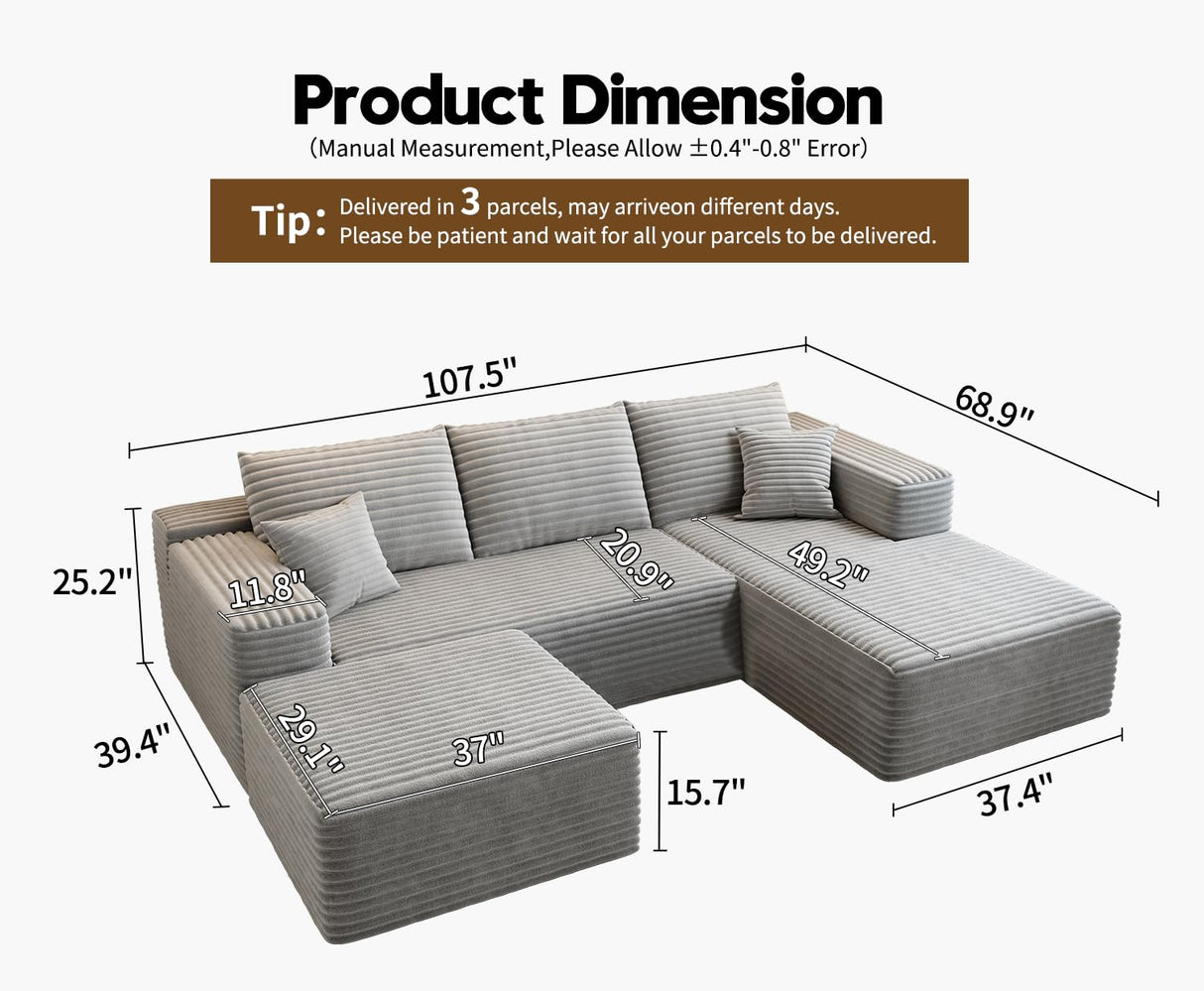 107.5" Cloud Modular Sectional Couch with 1 Ottoman,Modern Minimalist Upholstered Couches, Comfort U Shaped Sofa for Living Room,Deep Seat Corner Couch，No Assembly Required (Grey,Right Facing Chaise) Settab