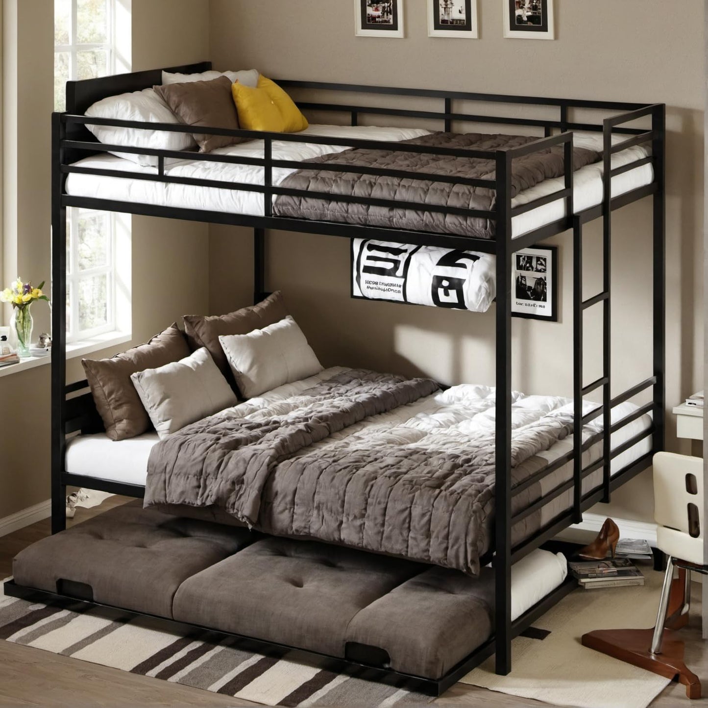 PVWIIK Queen Over Queen Metal Bunk Bed with Trundle for Kids,Heavy Duty Bunk Bed w/Ladder & Full Length Guardrail No Box Spring Needed,for Dorm,Bedroom,Guest Room, Black