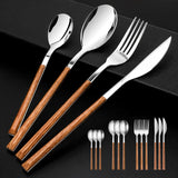 Stainless Steel Flatware Set for 4, Cutlery Utensils Set with Simulated Wooden Handle Include Knives Forks Spoons Service for 4, Mirror Polished and Dishwasher Safe (Silver) SNBNX