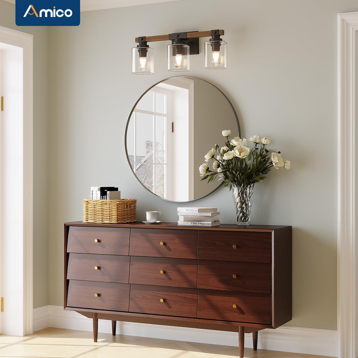 Amico 3-Light Bathroom Vanity Light Fixtures, Rustic Industrial Painted Wood Vanity Lights for Bathroom, Vintage Black Wall Sconces Bathroom Vanity Lighting with Clear Glass Shade Amico