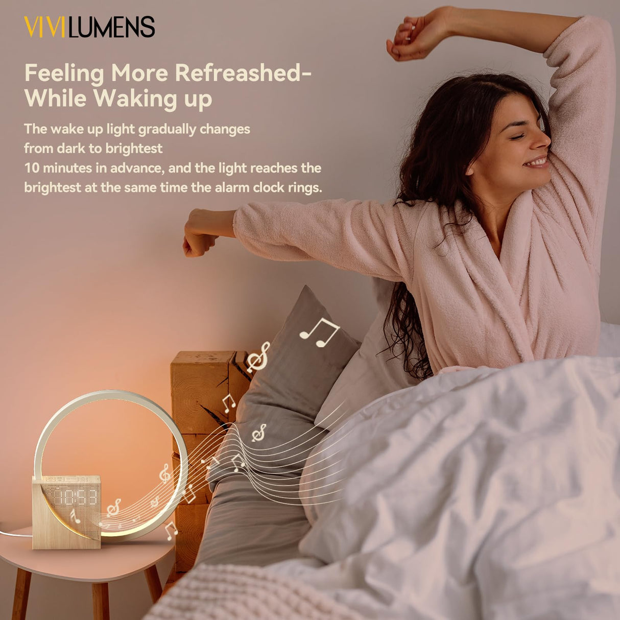 Vivilumens Sunrise Alarm Clock for Heavy Sleepers Adults, Wake-up Light, Sleep Aid 10 White Noise Sound Machines with 30/60/90 Timer, 3 Level Dimmable Touch Table Lamp with Snooze USB Charger Port Vivilumens
