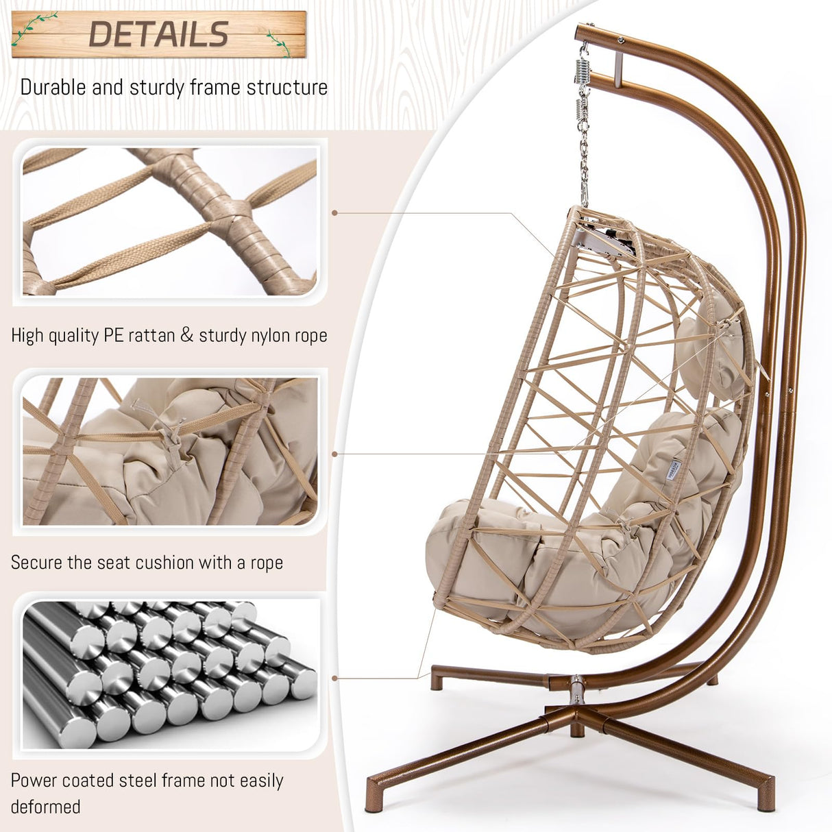 BLUEXYARD 2 Person Hanging Egg Chair with Stand, Extra Large 700 Lbs Wicker Patio Hammock Loveseat Swing, Oversized Cushioned Double Swing Chair for Indoor Outdoor Garden Balcony Backyard, Beige BULEXYARD