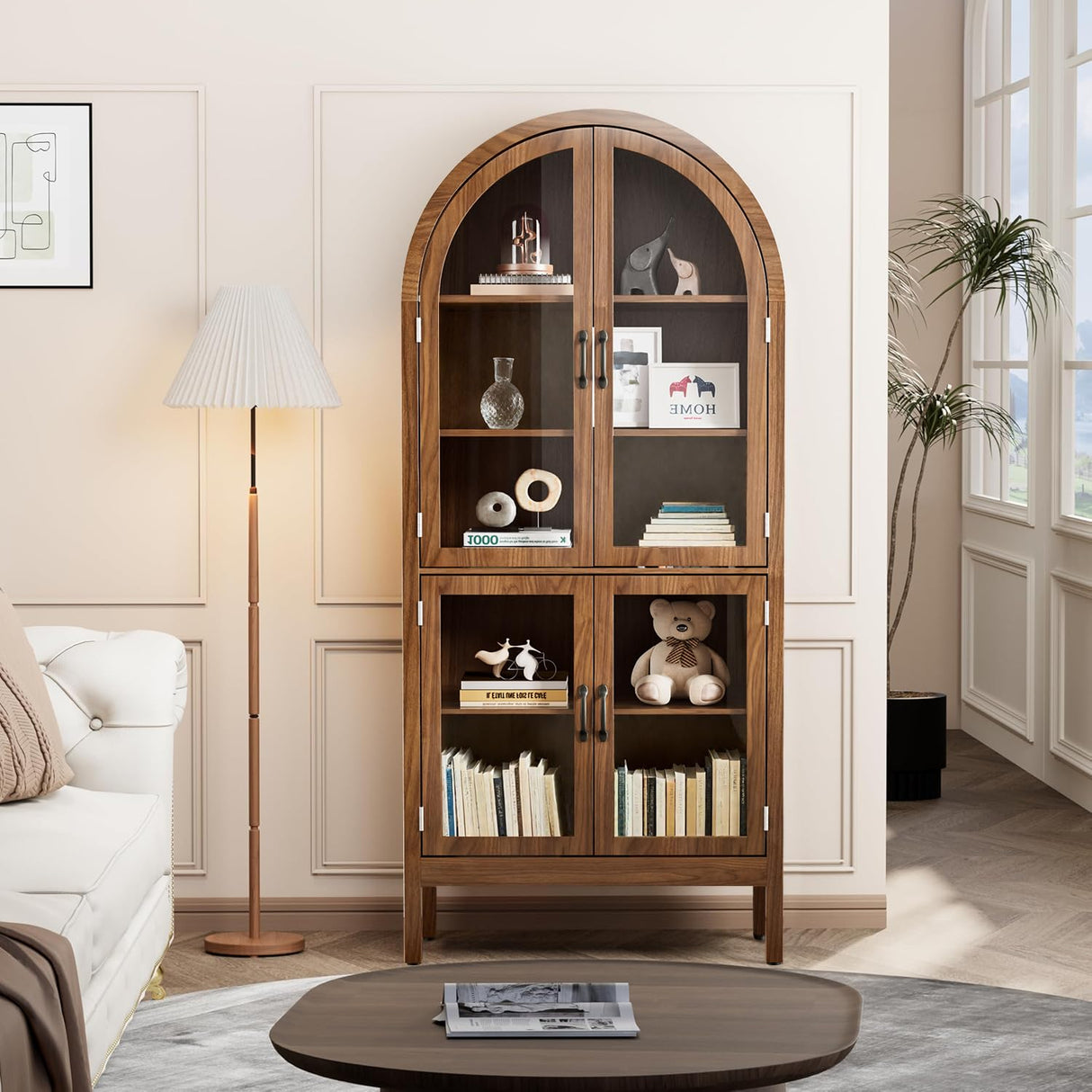 70.9'' Tall Arched Display Cabinet with Acrylic Glass Doors, Modern 5-Tier Arched Bookcase, Kitchen Pantry Storage Cabinet Curio Cabinets for Living Dining Room (Walnut, 31.5‘’W) Lxsxlome