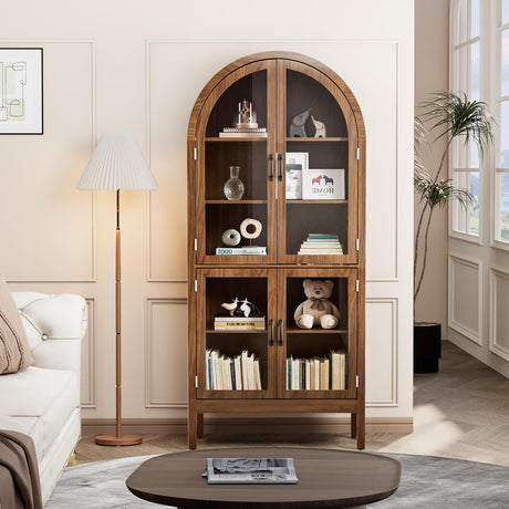 70.9'' Tall Arched Display Cabinet with Acrylic Glass Doors, Modern 5-Tier Arched Bookcase, Kitchen Pantry Storage Cabinet Curio Cabinets for Living Dining Room (Walnut, 31.5‘’W) Lxsxlome