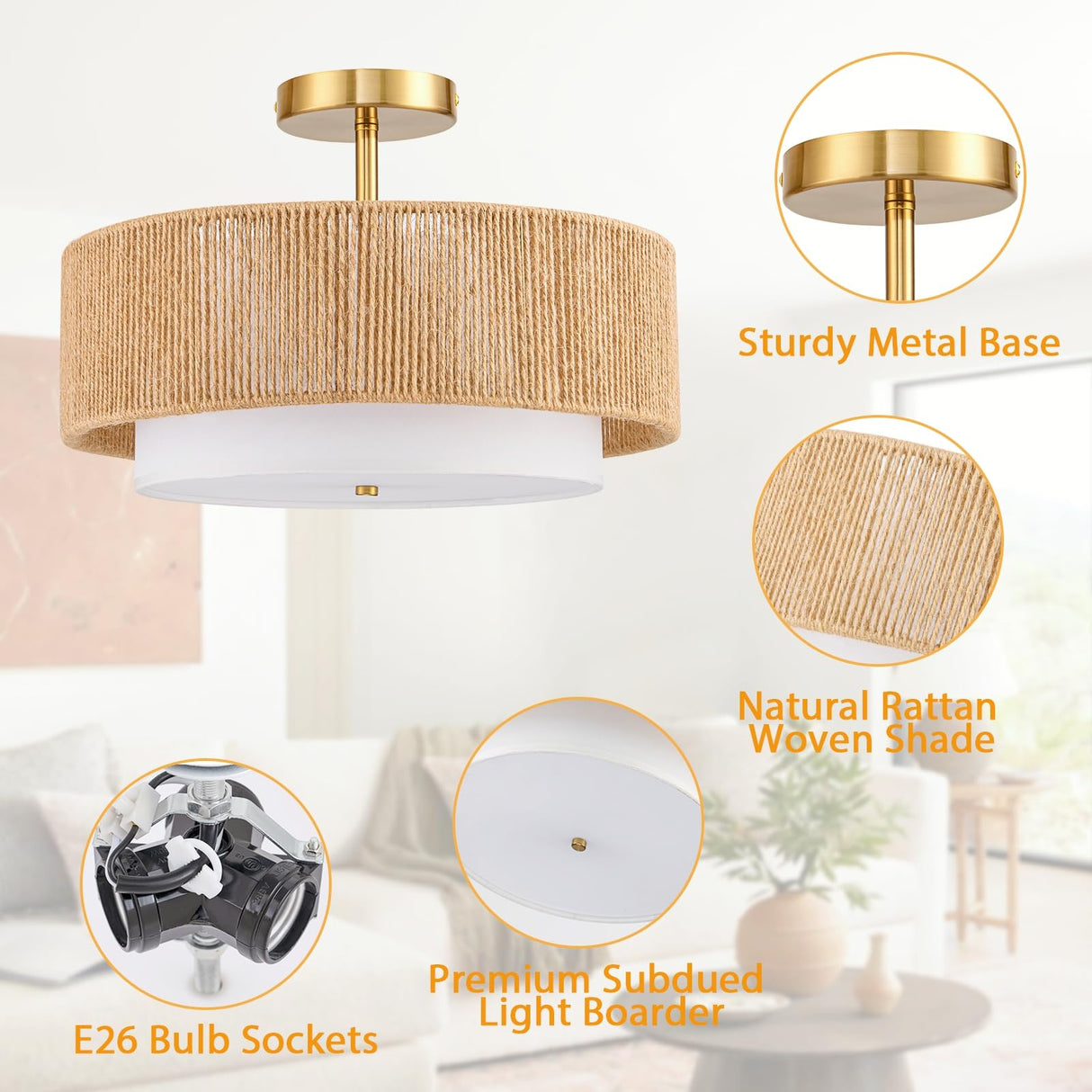 SineRise 16'' Rattan Flush Mount Ceiling Light Fixture,2-Tier Drum Hand-Woven Boho Flush Mount Ceiling Light,Farmhouse Light Fixture for Living Room,Kitchen,Bedroom Foyer Entryway ect. SineRise